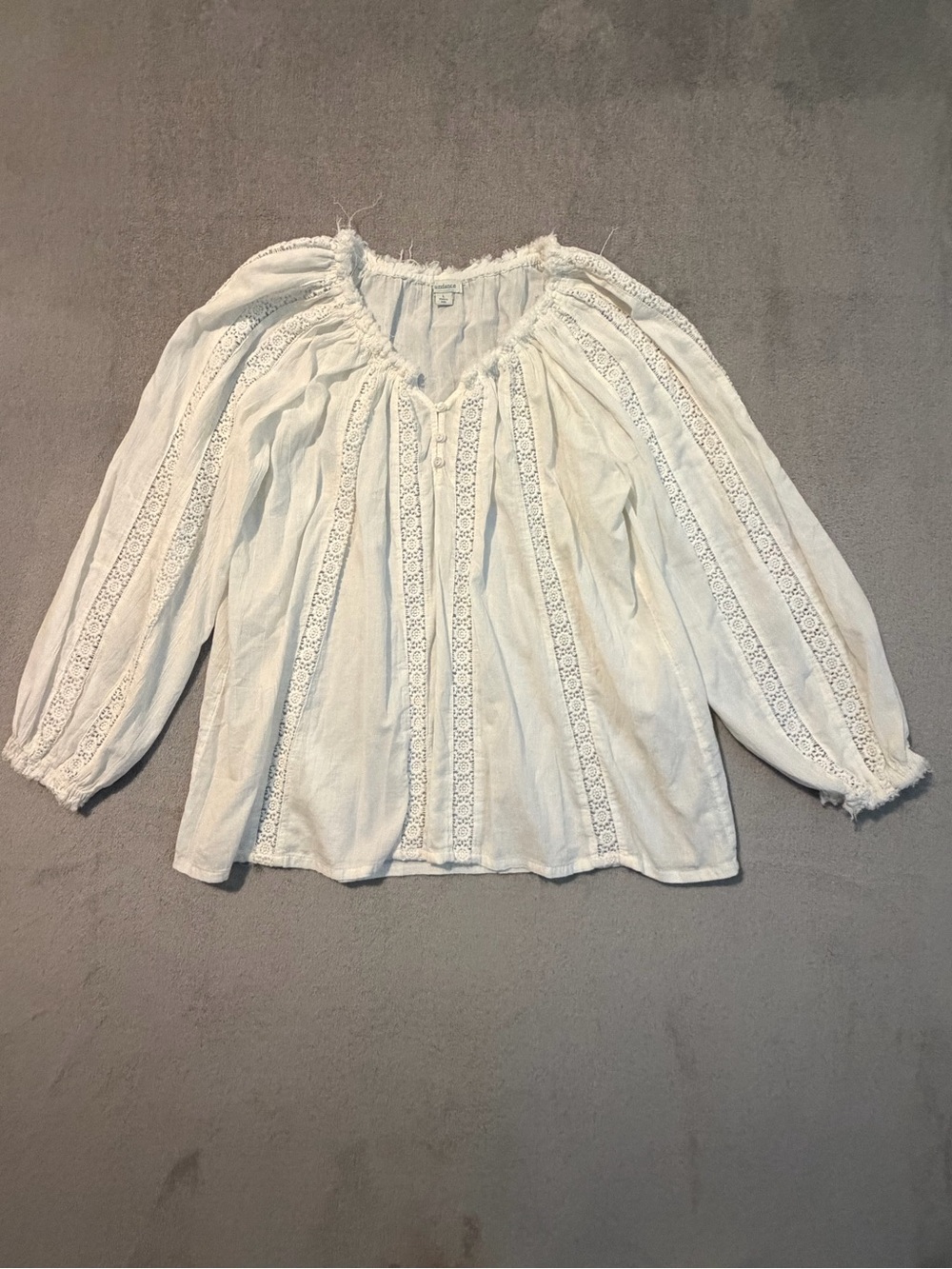 Sundance White Cotton Embroidered Peasant Blouse L. Lace Crochet & Frayed Accent